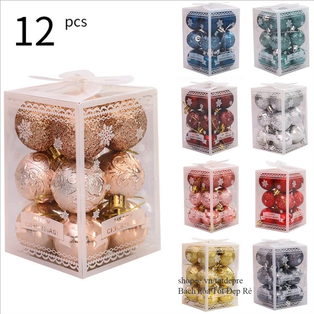 Hộp trái châu tròn đẹp 12 quả 6cm  gồm 3 loại châu tiện dụng trang trí cây thông Noel gắn vòng hoa giáng sinh