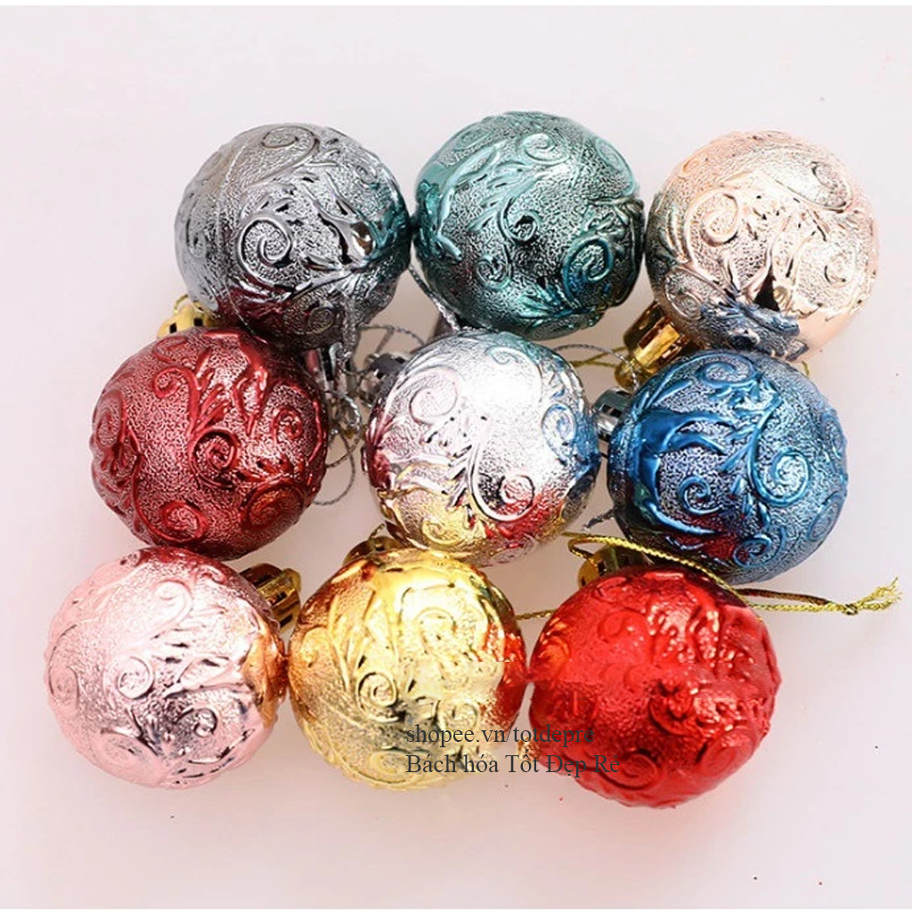 Hộp trái châu tròn đẹp 12 quả 6cm  gồm 3 loại châu tiện dụng trang trí cây thông Noel gắn vòng hoa giáng sinh