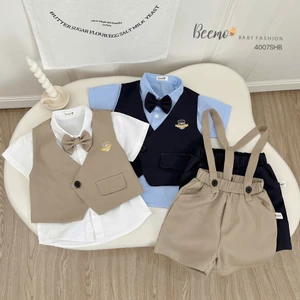 Set gile vest kèm sơ mi, phối nơ và dây đai công tử cho bé, bộ comle cộc tay hàng thiết kế Beemo