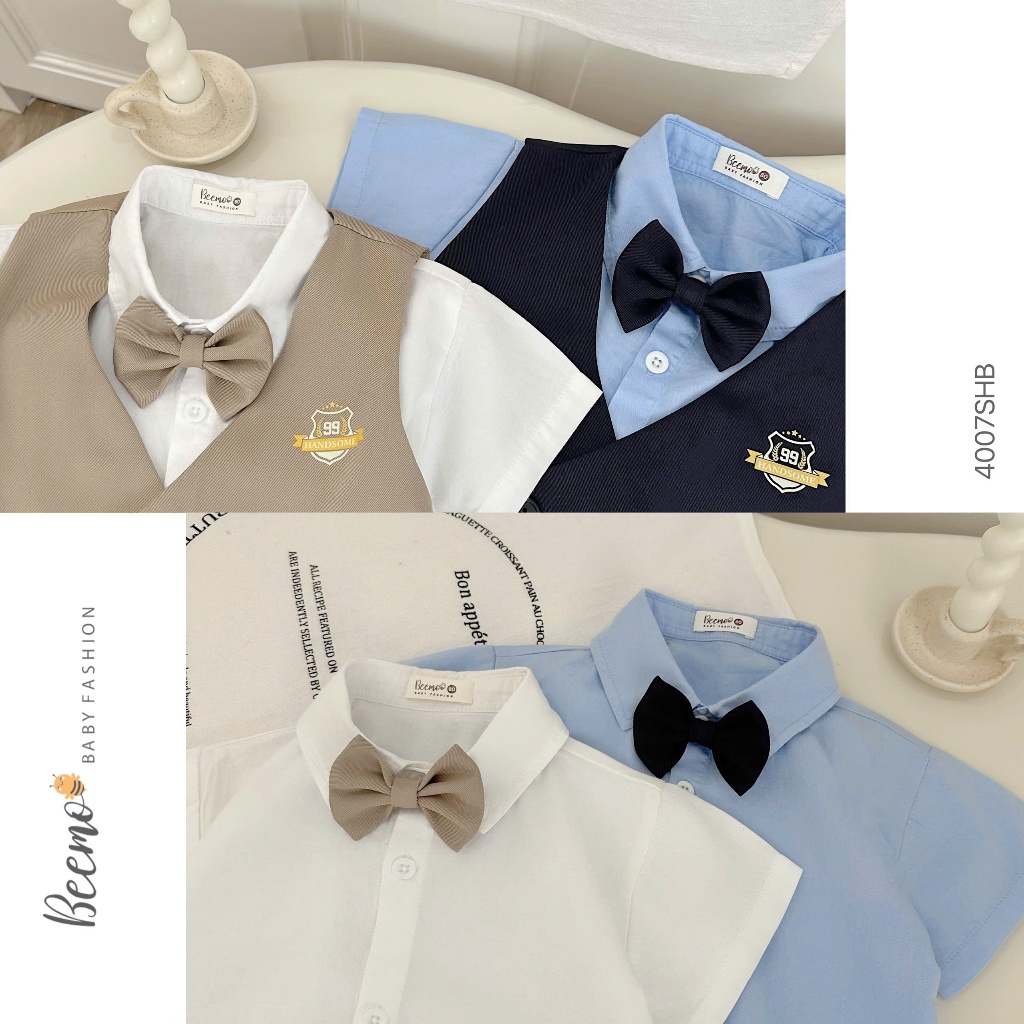 Set gile vest kèm sơ mi, phối nơ và dây đai công tử cho bé, bộ comle cộc tay hàng thiết kế Beemo