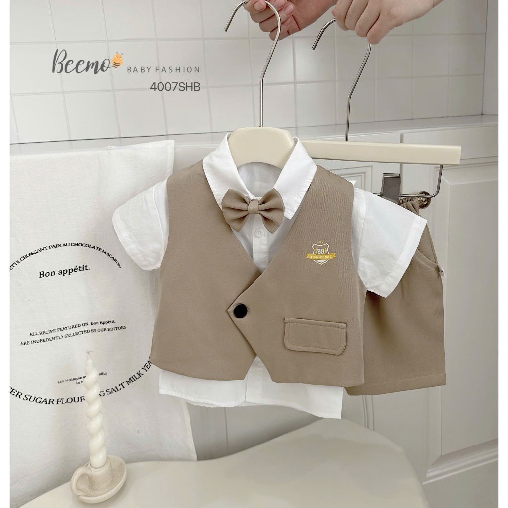 Set gile vest kèm sơ mi, phối nơ và dây đai công tử cho bé, bộ comle cộc tay hàng thiết kế Beemo