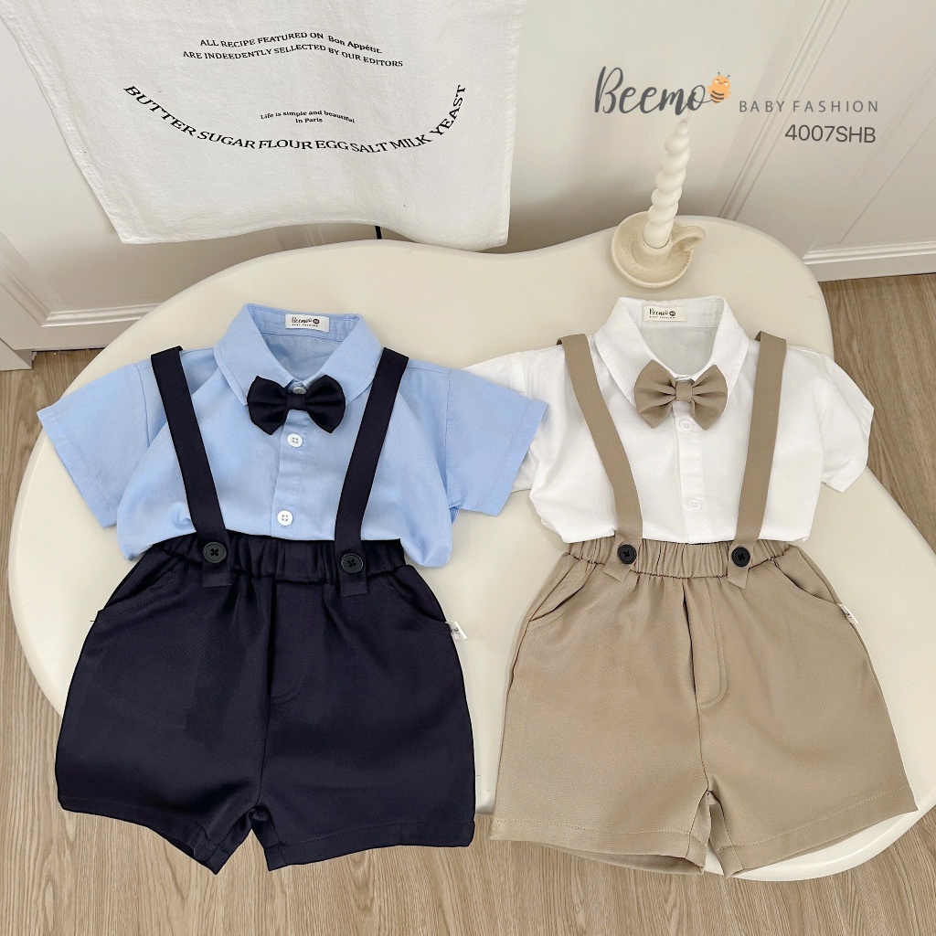 Set gile vest kèm sơ mi, phối nơ và dây đai công tử cho bé, bộ comle cộc tay hàng thiết kế Beemo