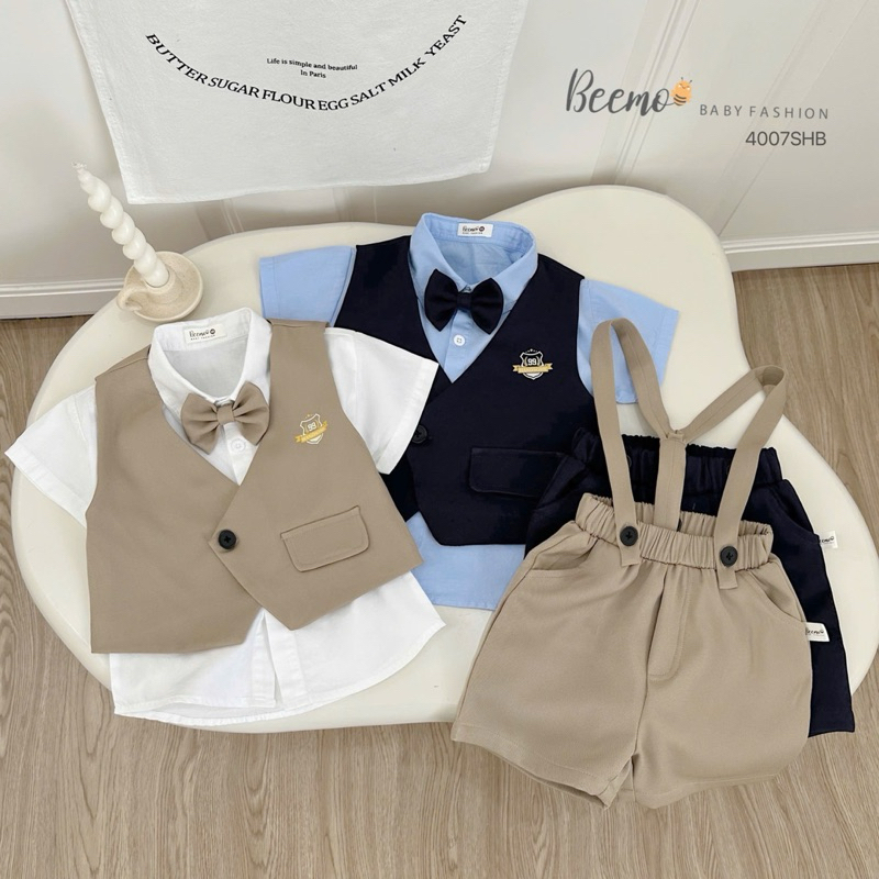 Set Gile cộc tay 5 chi tiết Beemo gồm áo sơ mi, đai, gile, quần short, nơ cho bé trai 9-24kg