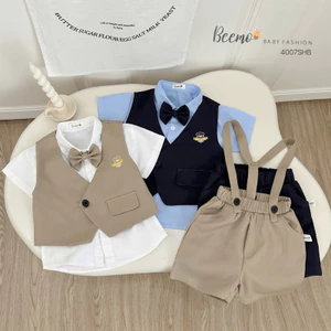 Set Gile cộc tay 5 chi tiết Beemo gồm áo sơ mi, đai, gile, quần short, nơ cho bé trai 9-24kg