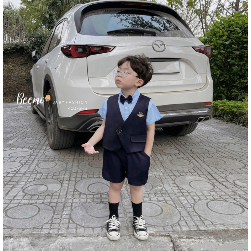 Set Gile cộc tay 5 chi tiết Beemo gồm áo sơ mi, đai, gile, quần short, nơ cho bé trai 9-24kg