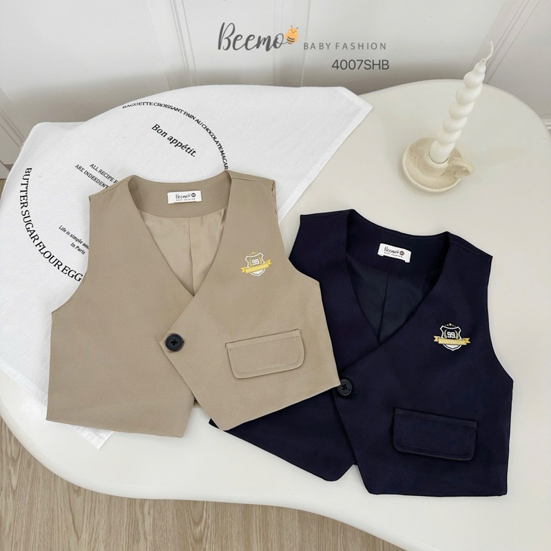 Set Gile cộc tay 5 chi tiết Beemo gồm áo sơ mi, đai, gile, quần short, nơ cho bé trai 9-24kg