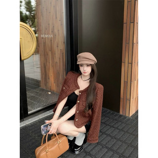 Áo khoác dạ tweed lấp lánh cổ tròn phối viền tua rua hai túi nắp dáng ngắn