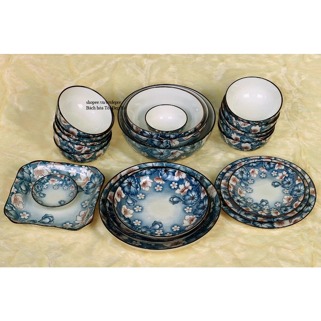 Bộ bát đĩa Bát Tràng men xanh lam sang trọng