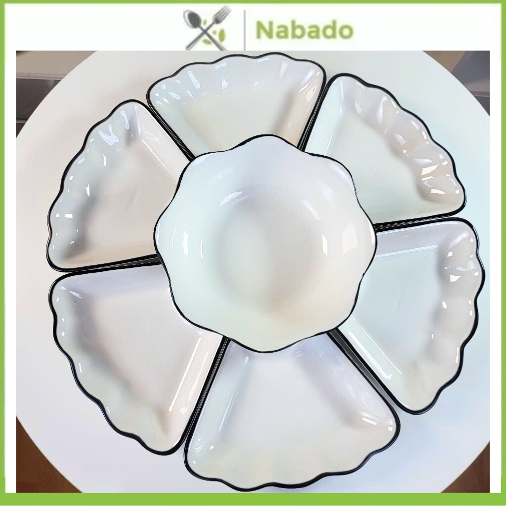 Bộ đĩa sứ hoa mặt trời gốm sứ trắng viền đen kèm bát cơm Set bát dĩa hoa mai thắp hương cao cấp