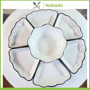 Bộ đĩa sứ hoa mặt trời gốm sứ trắng viền đen kèm bát cơm Set bát dĩa hoa mai thắp hương cao cấp