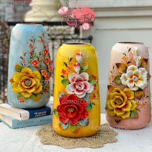 Bình Hoa Gốm Sứ Bát Tràng Đắp Nổi Dáng Vò Đu Đủ Cao 27cm và 29cm Cắm Hoa Decor GomdecorTSC