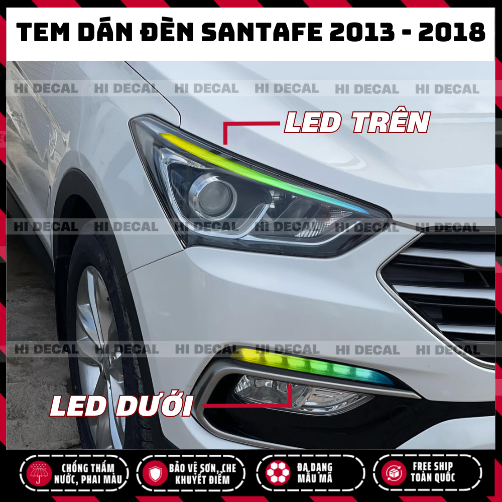 Tem dán đèn Santafe 2015 - 2018, decal dán đèn đổi màu Santafe bền màu, chống nước