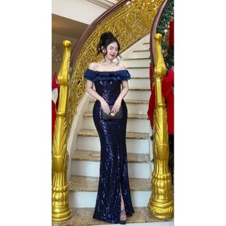 Đầm Dạ hội kim sa bẹt vai xếp ly 2 lớp tko