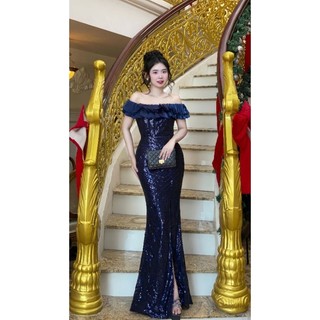 Đầm Dạ hội kim sa bẹt vai xếp ly 2 lớp tko