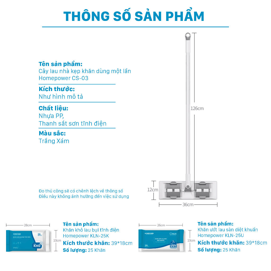 Cây Lau Nhà Kẹp Khăn Thay Thế Bản Nâng Cấp 36cm CS-03 Homepower Dùng Khăn Vải,Khô, Ướt Sử Dụng 1 Lần | BigBuy360 - bigbuy360.vn