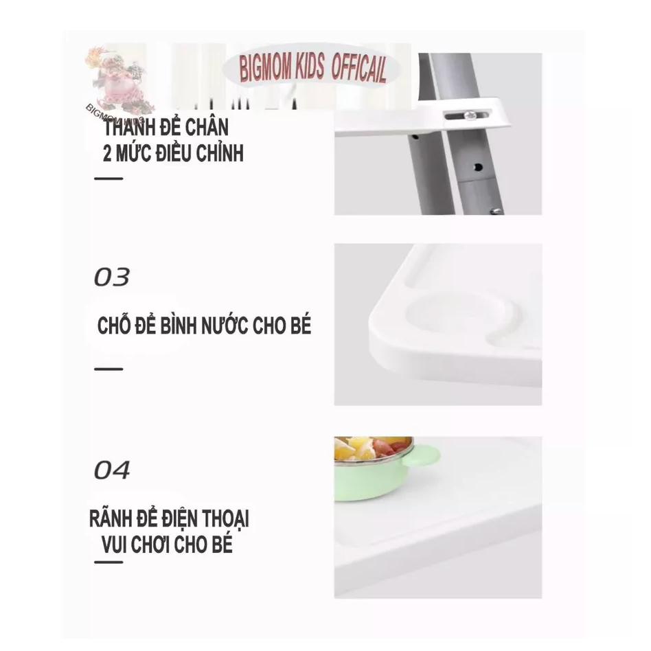 Ghế ăn dặm chân cao, bàn ăn cho bé kèm mặt bàn, 3 dây đai an toàn sử dụng cho bé từ 6 thángđến3 tuổi