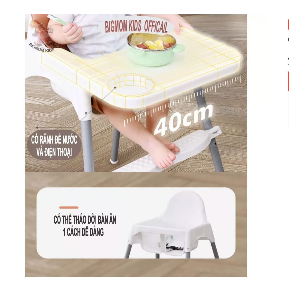 Ghế ăn dặm chân cao, bàn ăn cho bé kèm mặt bàn, 3 dây đai an toàn sử dụng cho bé từ 6 thángđến3 tuổi