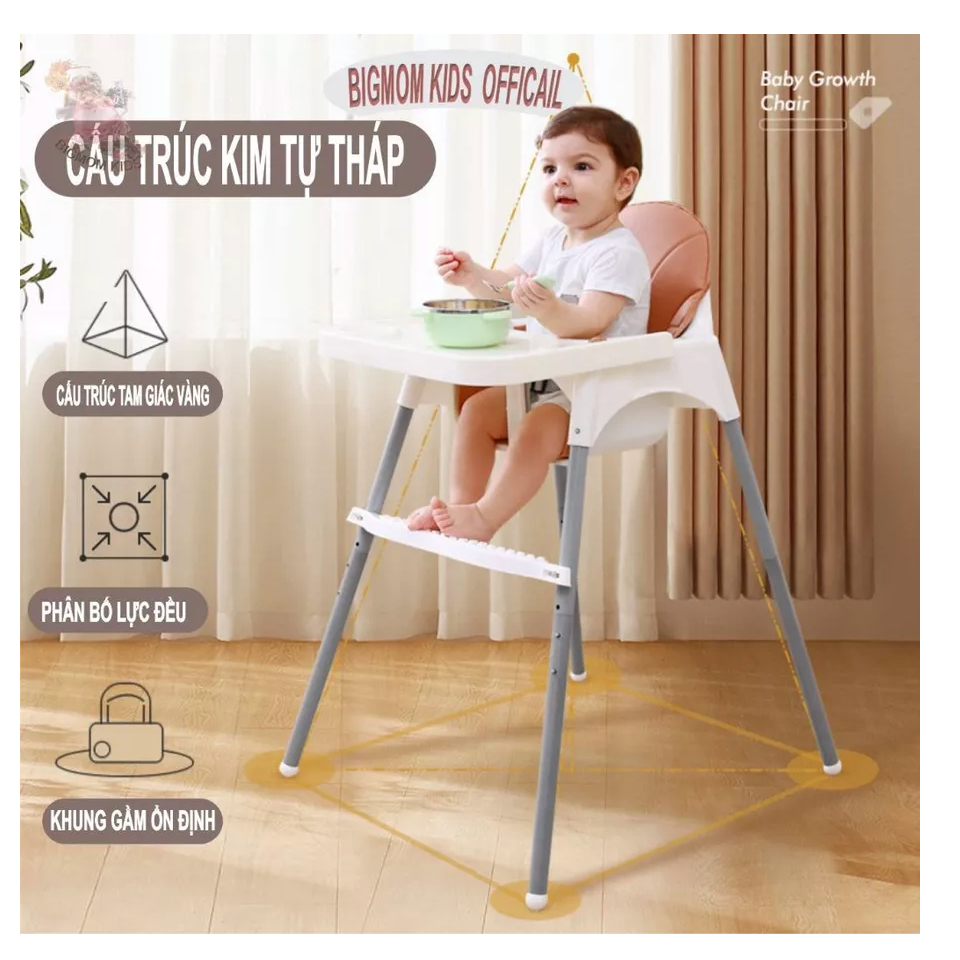 Ghế ăn dặm chân cao, bàn ăn cho bé kèm mặt bàn, 3 dây đai an toàn sử dụng cho bé từ 6 thángđến3 tuổi