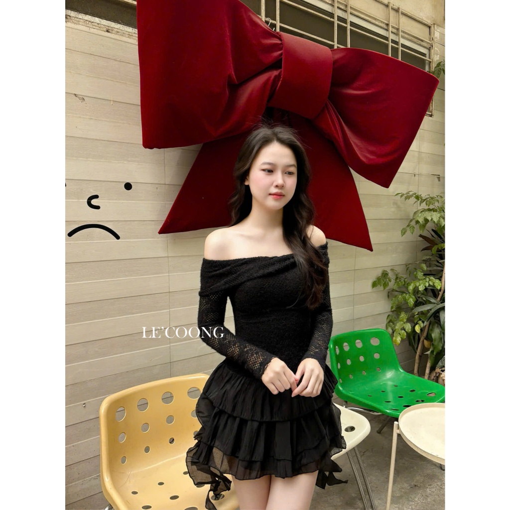 Ảnh Đầm Đẹp Dáng Ngắn Ba Màu Đỏ Đen Be LECOONG V713 Đầm Đi Tiệc Trễ Vai Xếp Tầng Sang Chảnh 4