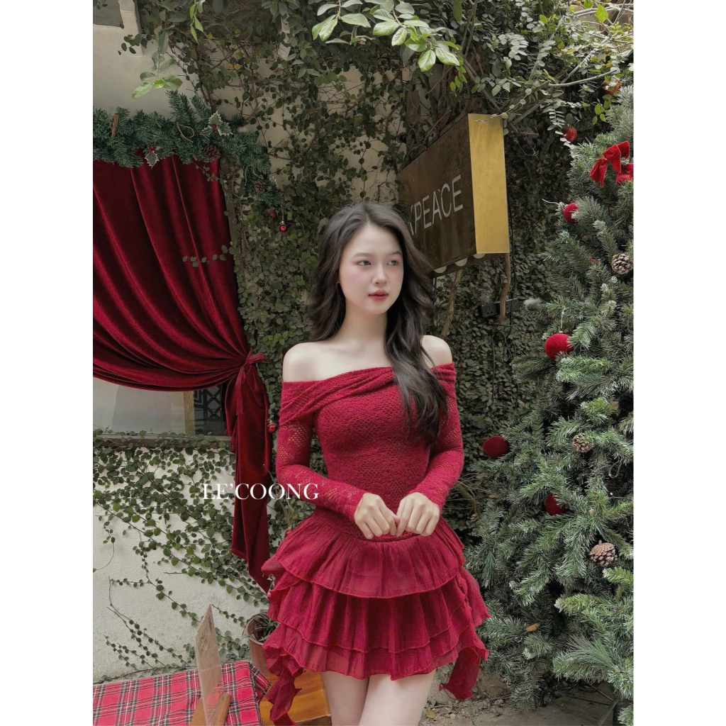 Ảnh Đầm Đẹp Dáng Ngắn Ba Màu Đỏ Đen Be LECOONG V713 Đầm Đi Tiệc Trễ Vai Xếp Tầng Sang Chảnh 3