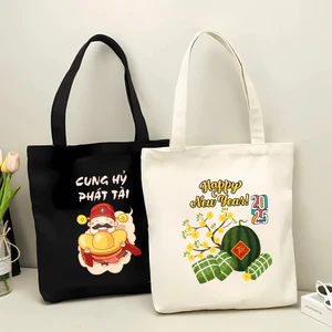 Túi Tote Tết túi vải canvas đựng quà Tết 2 màu đen trắng đeo vai phong cách thời trang đựng đồ LAPTOP, đi chơi totb038