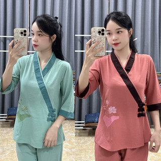 3NútThêu Vải Đũi # Quần Áo Nữ Đi Chùa