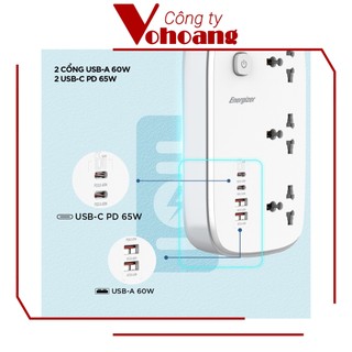 [USA] Ổ cắm điện Energizer EPB3250W00EUWE đa năng 3AC kèm 2USB-A và 2USB-C sạc nhanh PD (max PD 65W)