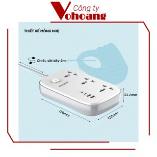 [USA] Ổ cắm điện Energizer EPB3250W00EUWE đa năng 3AC kèm 2USB-A và 2USB-C sạc nhanh PD (max PD 65W)
