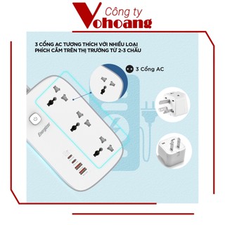 [USA] Ổ cắm điện Energizer EPB3250W00EUWE đa năng 3AC kèm 2USB-A và 2USB-C sạc nhanh PD (max PD 65W)