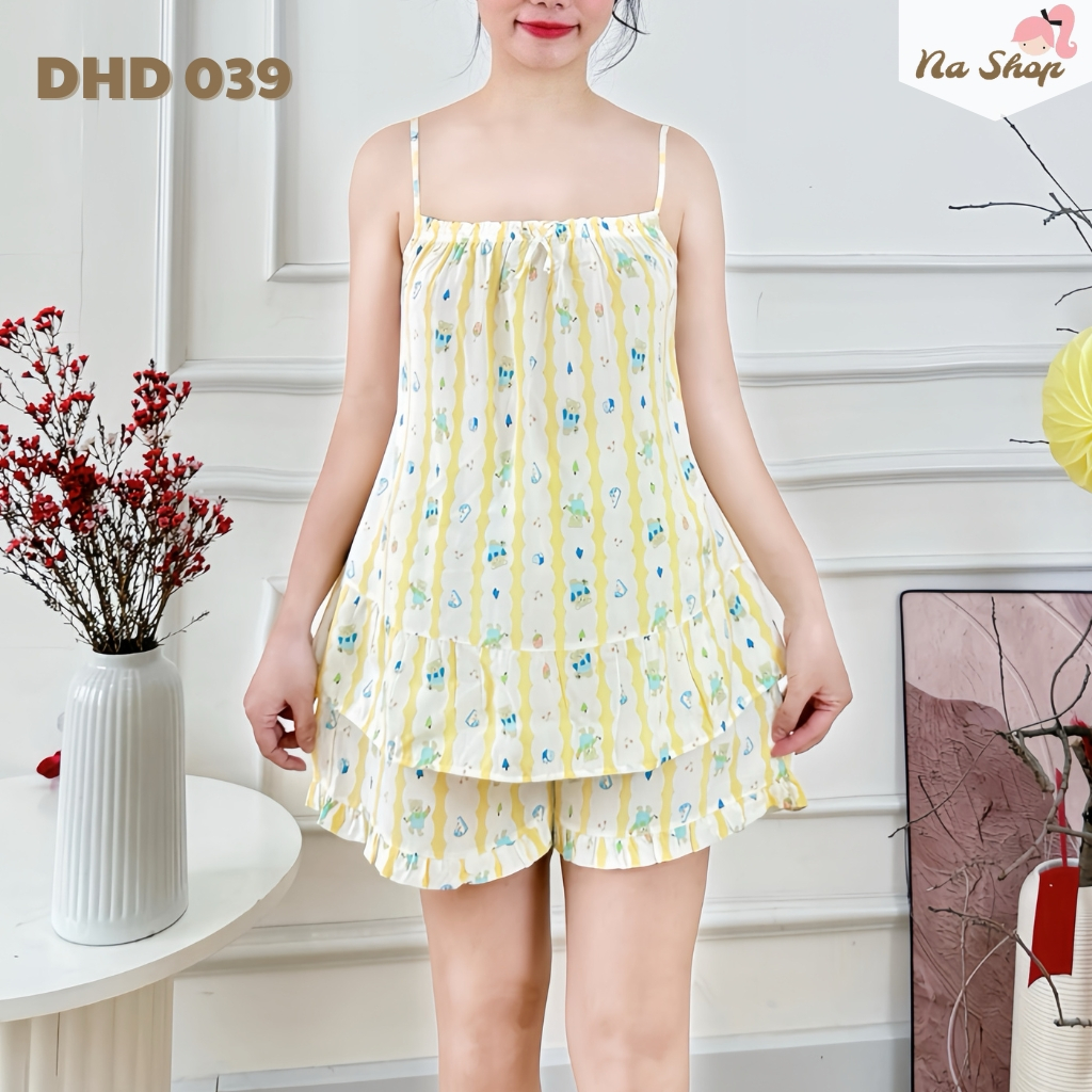 Đồ bộ tole lanh quần đùi áo hai dây, vải mát mịn, form dễ mặc, họa tiết dễ thương 40-75kg nashop HD11