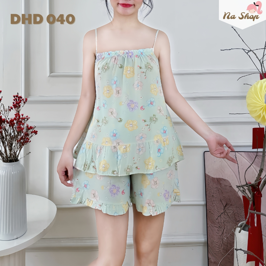 Đồ bộ tole lanh quần đùi áo hai dây, vải mát mịn, form dễ mặc, họa tiết dễ thương 40-75kg nashop HD11