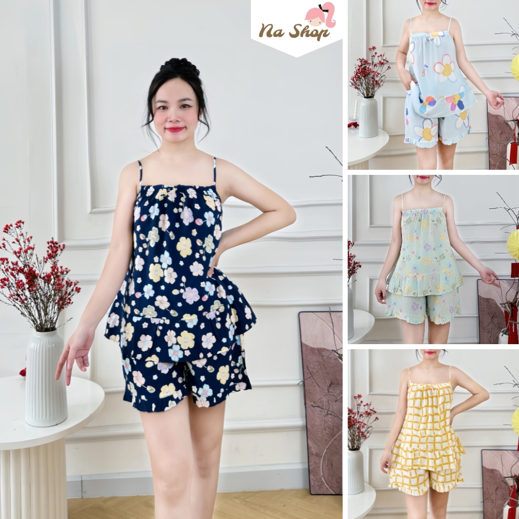 Đồ bộ tole lanh quần đùi áo hai dây, vải mát mịn, form dễ mặc, họa tiết dễ thương 40-75kg nashop HD11
