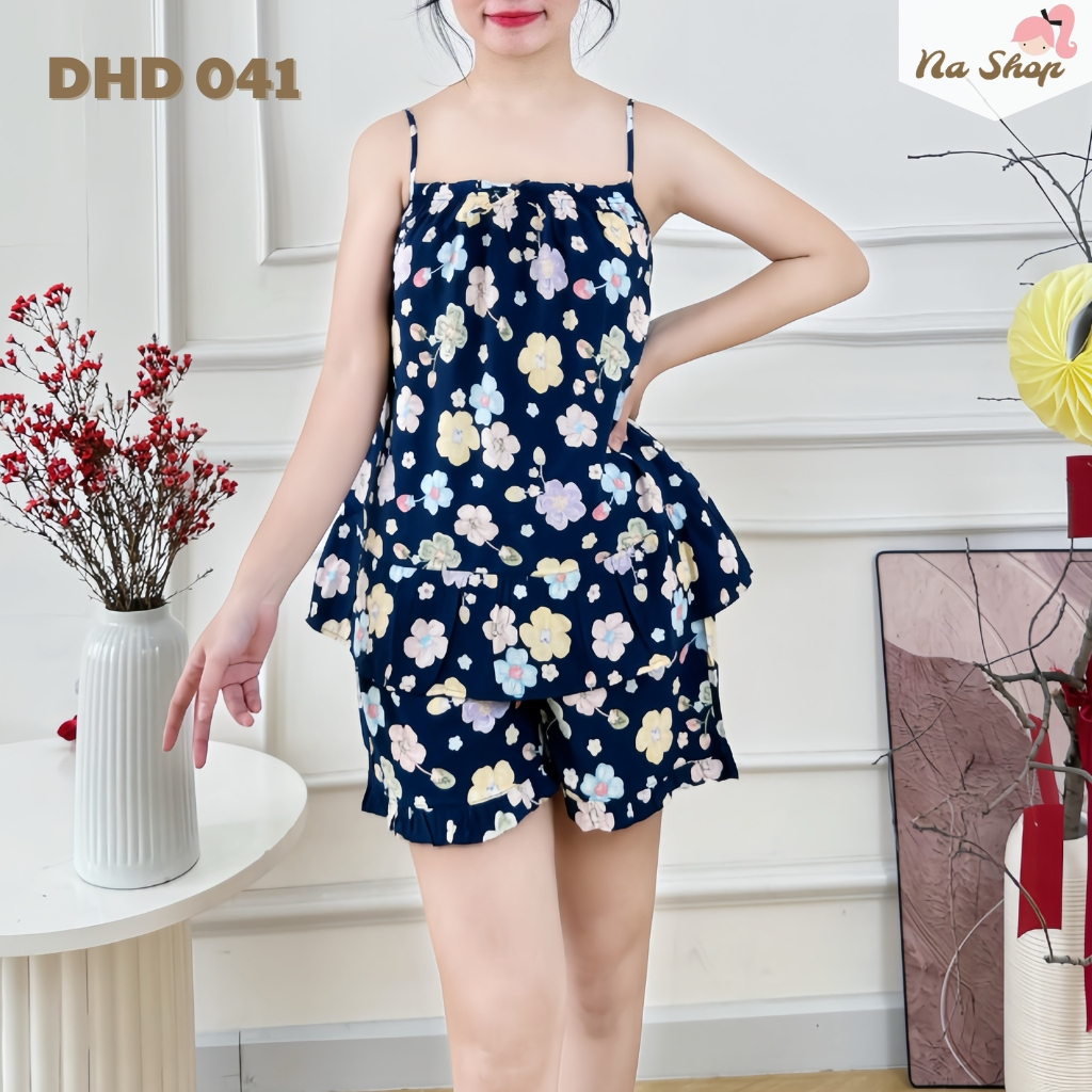 Đồ bộ tole lanh quần đùi áo hai dây, vải mát mịn, form dễ mặc, họa tiết dễ thương 40-75kg nashop HD11