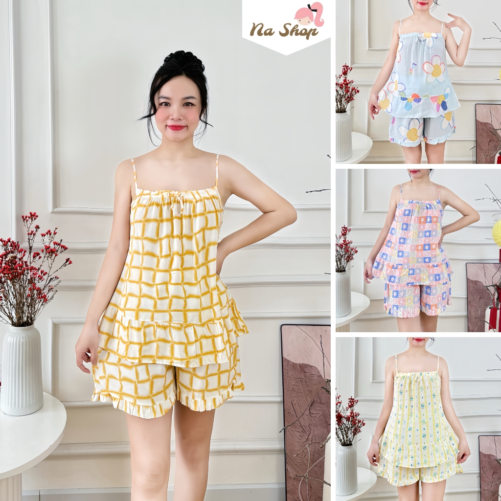 Đồ bộ tole lanh quần đùi áo hai dây, vải mát mịn, form dễ mặc, họa tiết dễ thương 40-75kg nashop HD11