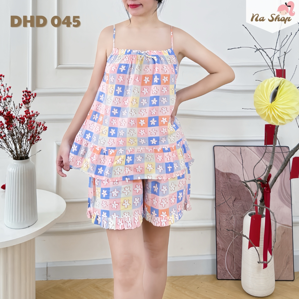 Đồ bộ tole lanh quần đùi áo hai dây, vải mát mịn, form dễ mặc, họa tiết dễ thương 40-75kg nashop HD11