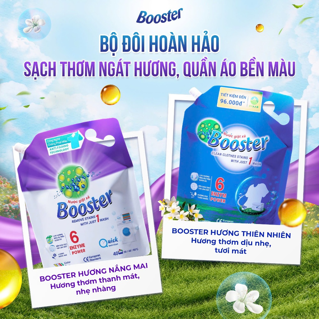 Thùng 4 túi nước giặt xả Bosster hương nắng mai túi 3,2 kg - Hàng chính hãng, TẶNG KÈM QUÀ