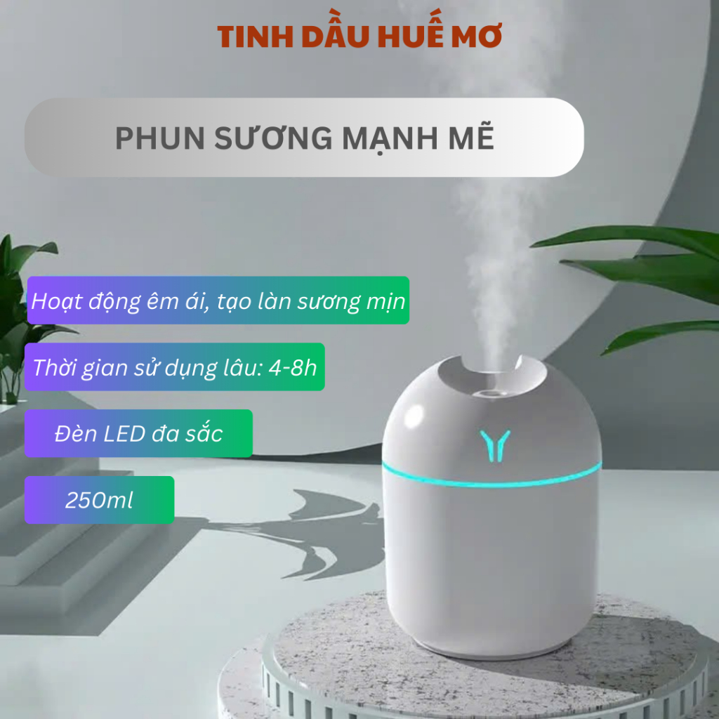 Máy Xông Tinh Dầu Mini 250ml USB-có đèn LED, tạo độ ẩm-khuếch tán tinh dầu-dùng cho xe hơi-phòng ngủ