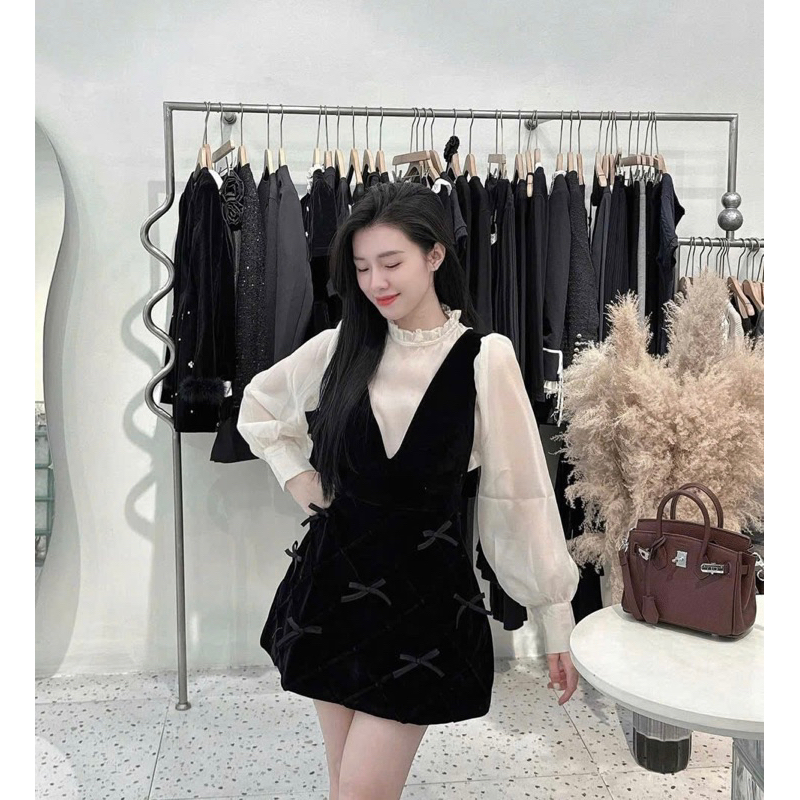 SET ÁO TƠ TAY BỒNG MIX YẾM NHUNG ĐÍNH NƠ NGỌC DÁNG SUÔNG NỮ TÍNH 008