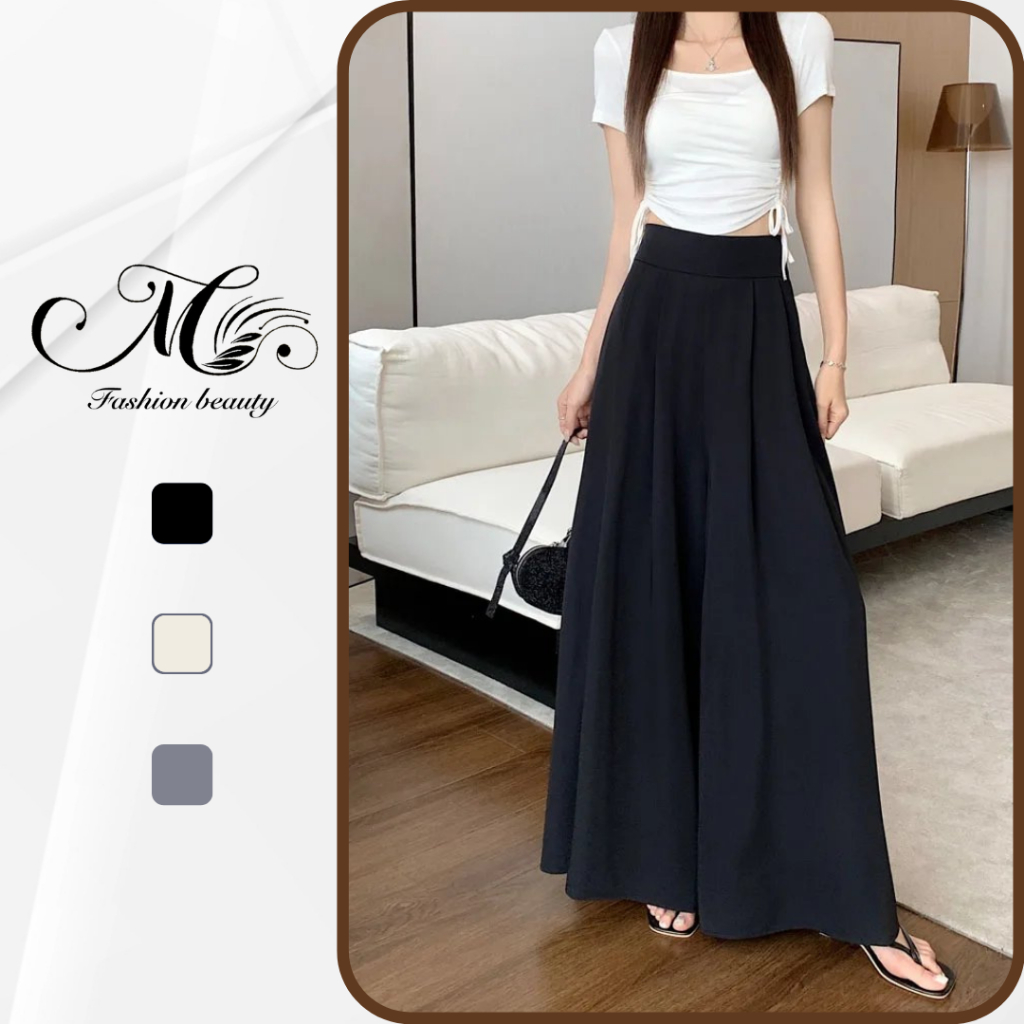 Quần ống siêu rộng giả váy xếp ly cạp cao vải tuyết mưa hack dáng phong cách Hàn Quốc