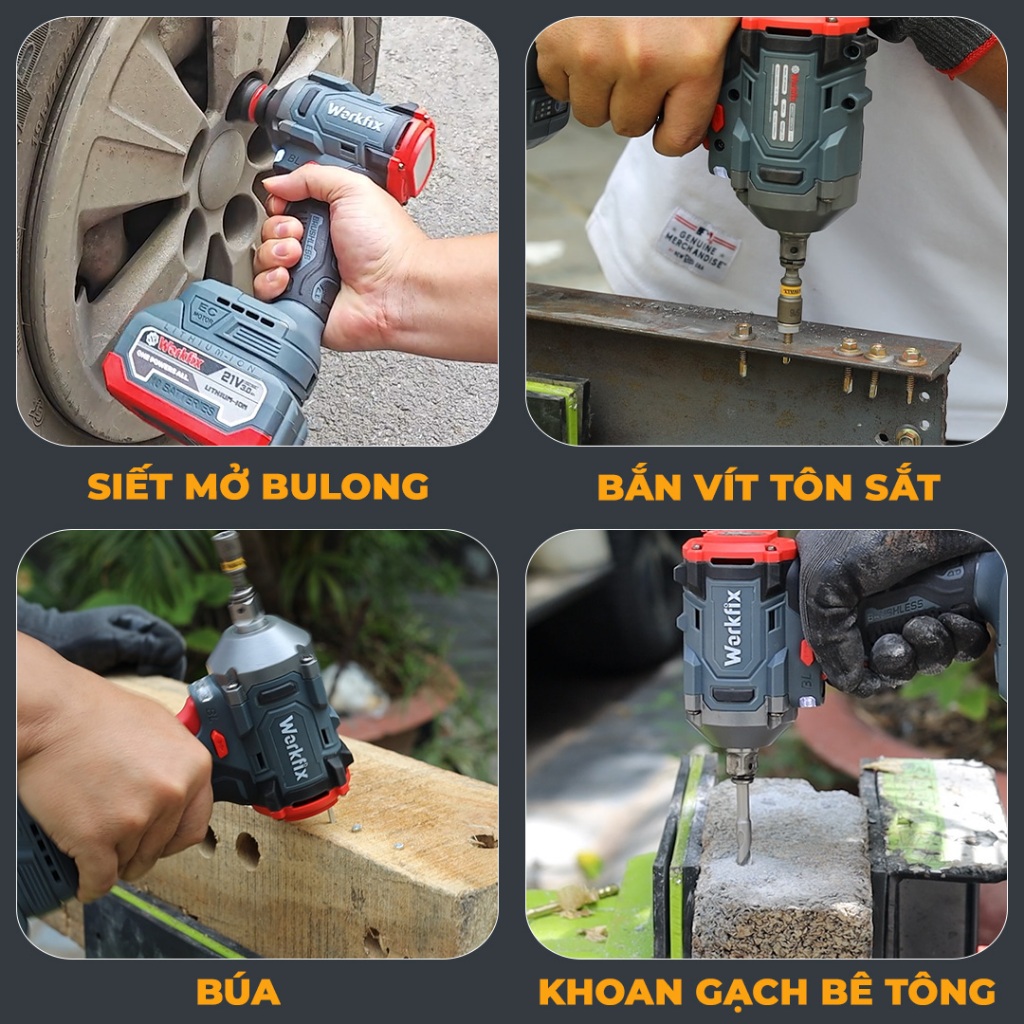 Máy siết bulong Workfix  WF-IW360BL Đầu 3IN1 Mở bulong xe máy máy giặt Không Chổi Than Lực siết 360N