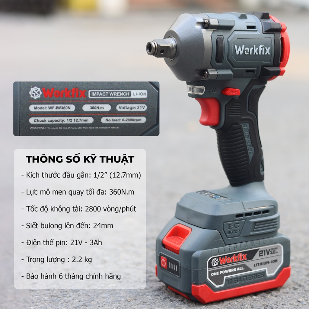 Máy siết bulong Workfix  WF-IW360BL Đầu 3IN1 Mở bulong xe máy máy giặt Không Chổi Than Lực siết 360N