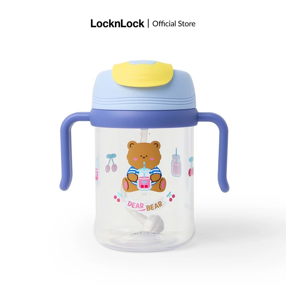 Bình nước nhựa LocknLock Kids Dual 420ml ABF852 tay cầm đôi, họa tiết dễ thương kèm ống hút - K-MALL