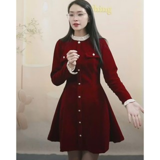 Đầm nhung tiểu thư tay phối bèo 2 lớp mềm mại nữ tính - Váy nhung phối cổ, tay bèo cực xinh tiểu thư có lớp lót Ảnh Thật
