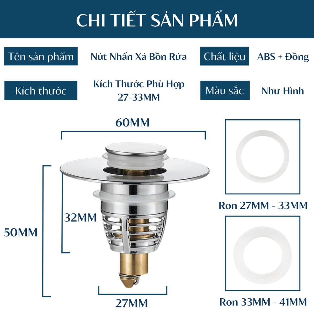 Nút Chặn Thoát Nước Nhấn Xả Lõi Đồng Cho Lavabo Thế Hệ Mới HT060 BEBEHOUSE