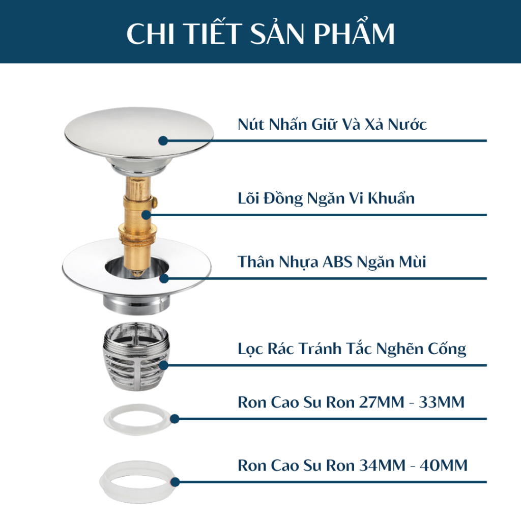 Nút Chặn Thoát Nước Nhấn Xả Lõi Đồng Cho Lavabo Thế Hệ Mới HT060 BEBEHOUSE