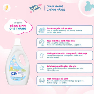 Nước Giặt Xả Pom Pom Newborn 1.6L + Active 1.6L An toàn cho bé mới lọt lòng Sạch Sâu Nôn trớ Ọc sữa Hương Phấn NB16 AT16
