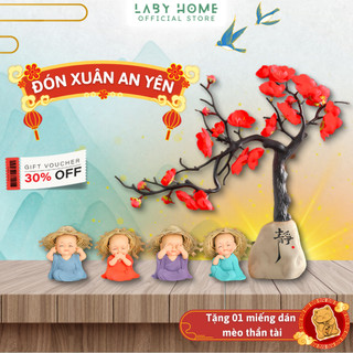 [Tết 2025] Bộ Tượng Chú Tiểu Tứ Không Đội Nón Kèm Chậu Đá và Cây Đào Trang Trí May Mắn An Lành