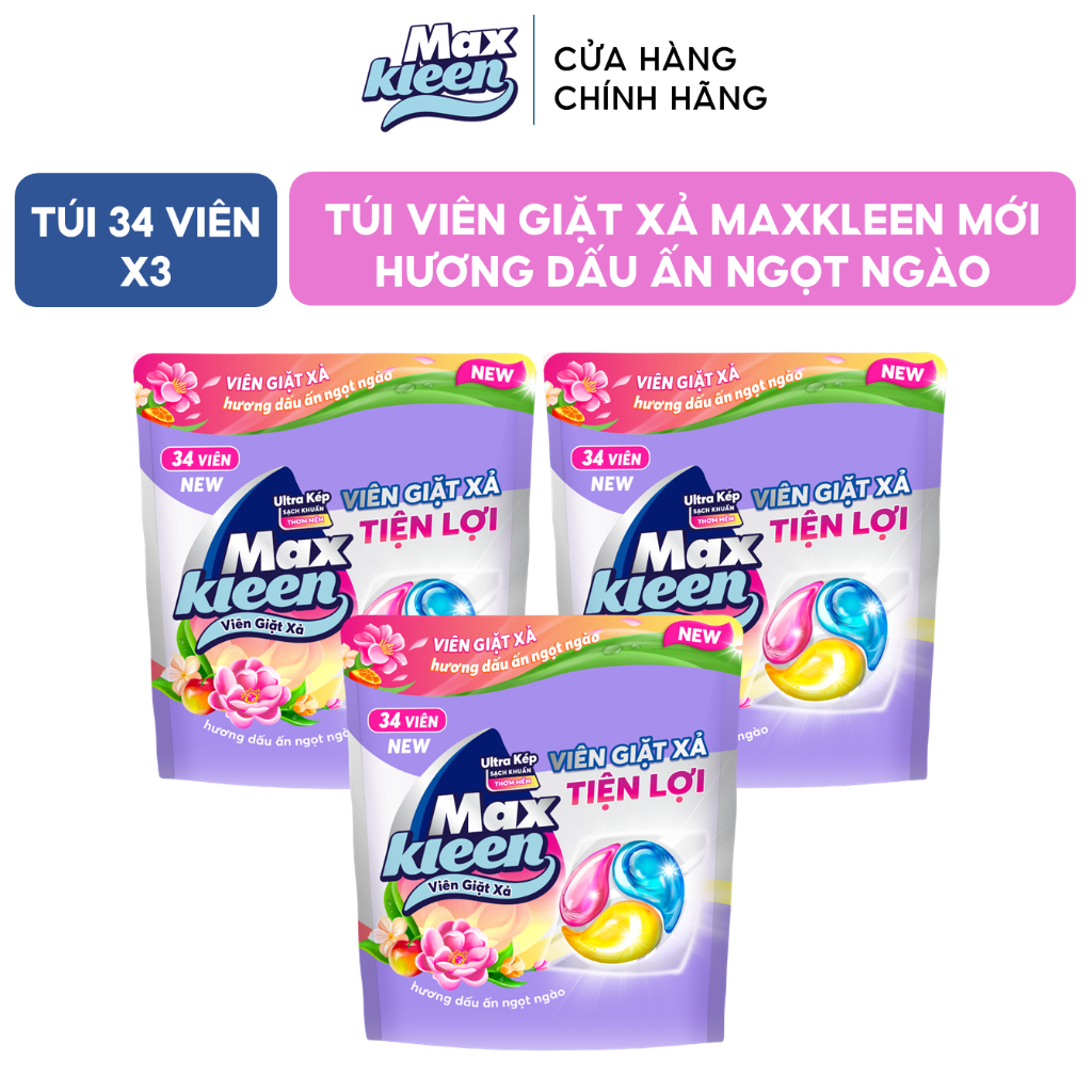 Ảnh Combo 3 Túi Viên Giặt Xả MaxKleen Hương Dấu Ấn Ngọt Ngào (34 viên/Túi) Mới 1