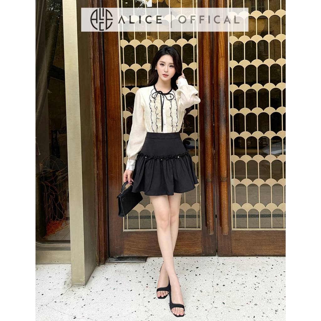 Ảnh Set Váy Nữ Tiểu Thư Chất Tơ Crep Mềm Mại Alice, Áo Dài Tay Bồng Nhẹ Cổ Phối Bèo Dọc Kèm Chân Váy Chéo Rubi S788 4