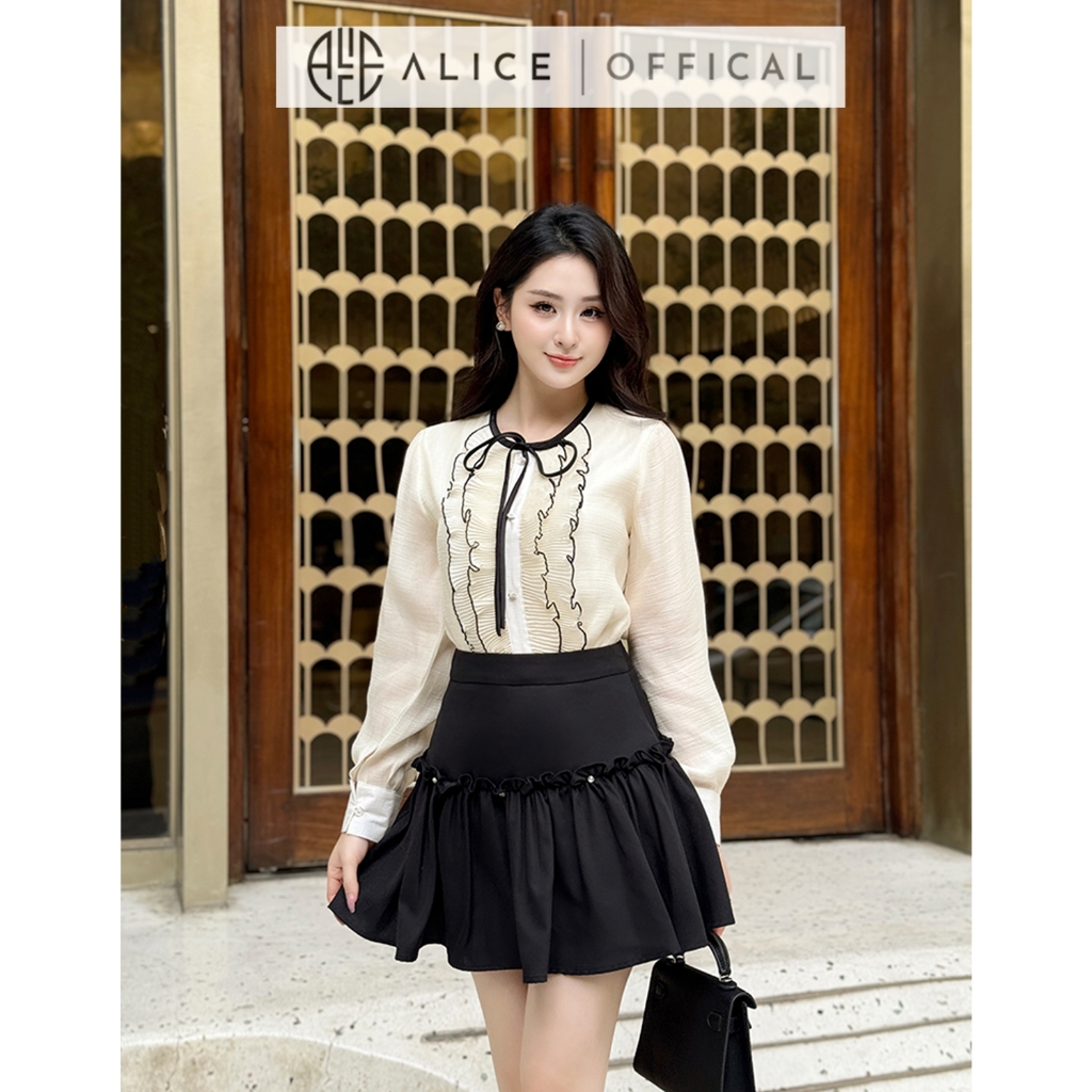 Ảnh Set Váy Nữ Tiểu Thư Chất Tơ Crep Mềm Mại Alice, Áo Dài Tay Bồng Nhẹ Cổ Phối Bèo Dọc Kèm Chân Váy Chéo Rubi S788 2